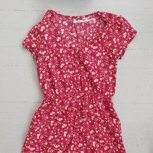 Floral Candy-Apple-Red Summer Vneck Button Mid Dress